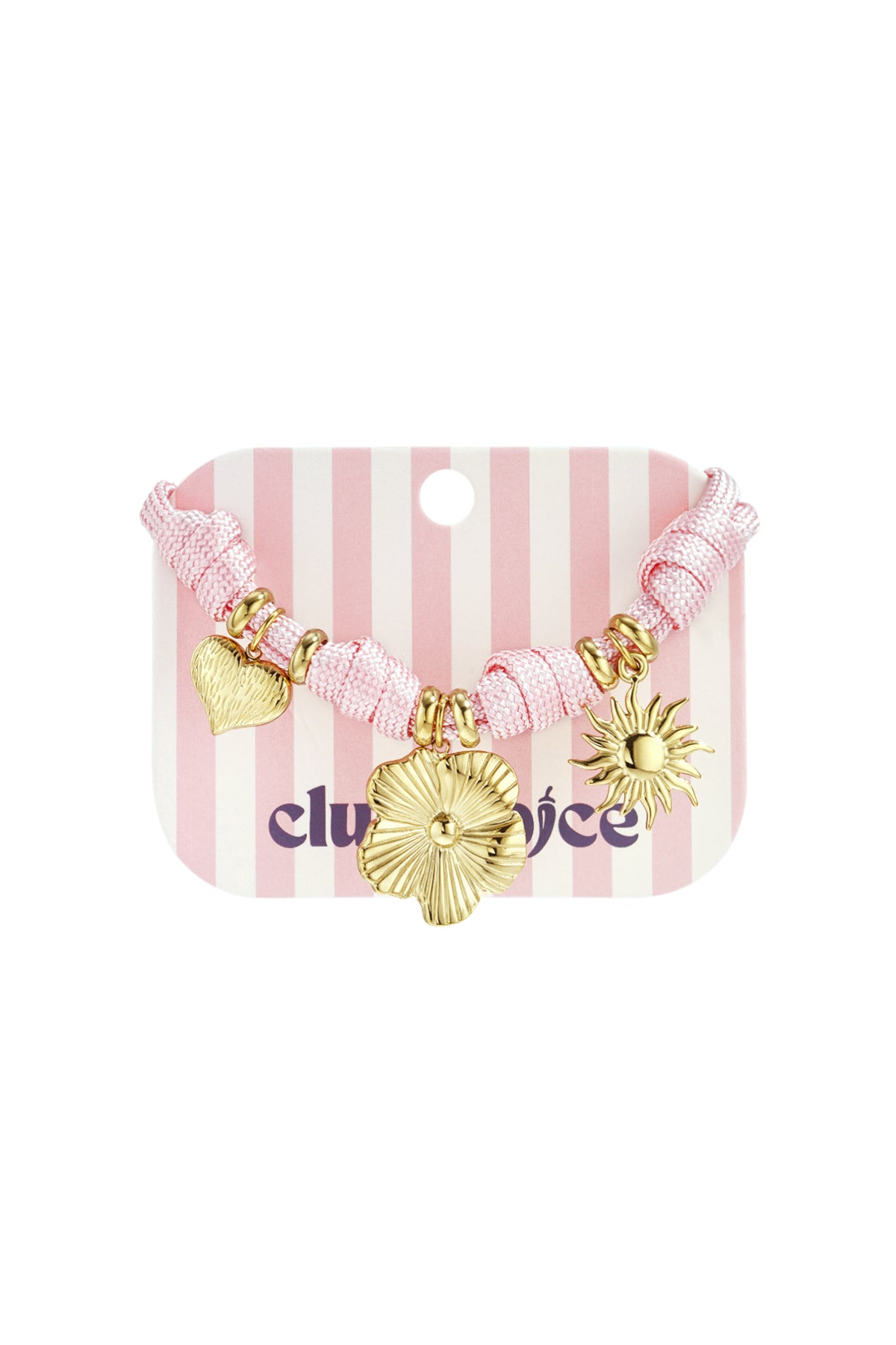 Pink rope charm bracelet with gold heart, flower, and sun charms displayed on pink and white striped packaging card