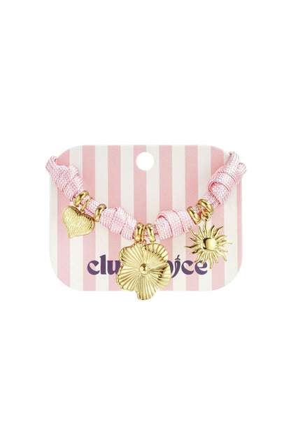 Pink rope charm bracelet with gold heart, flower, and sun charms displayed on pink and white striped packaging card