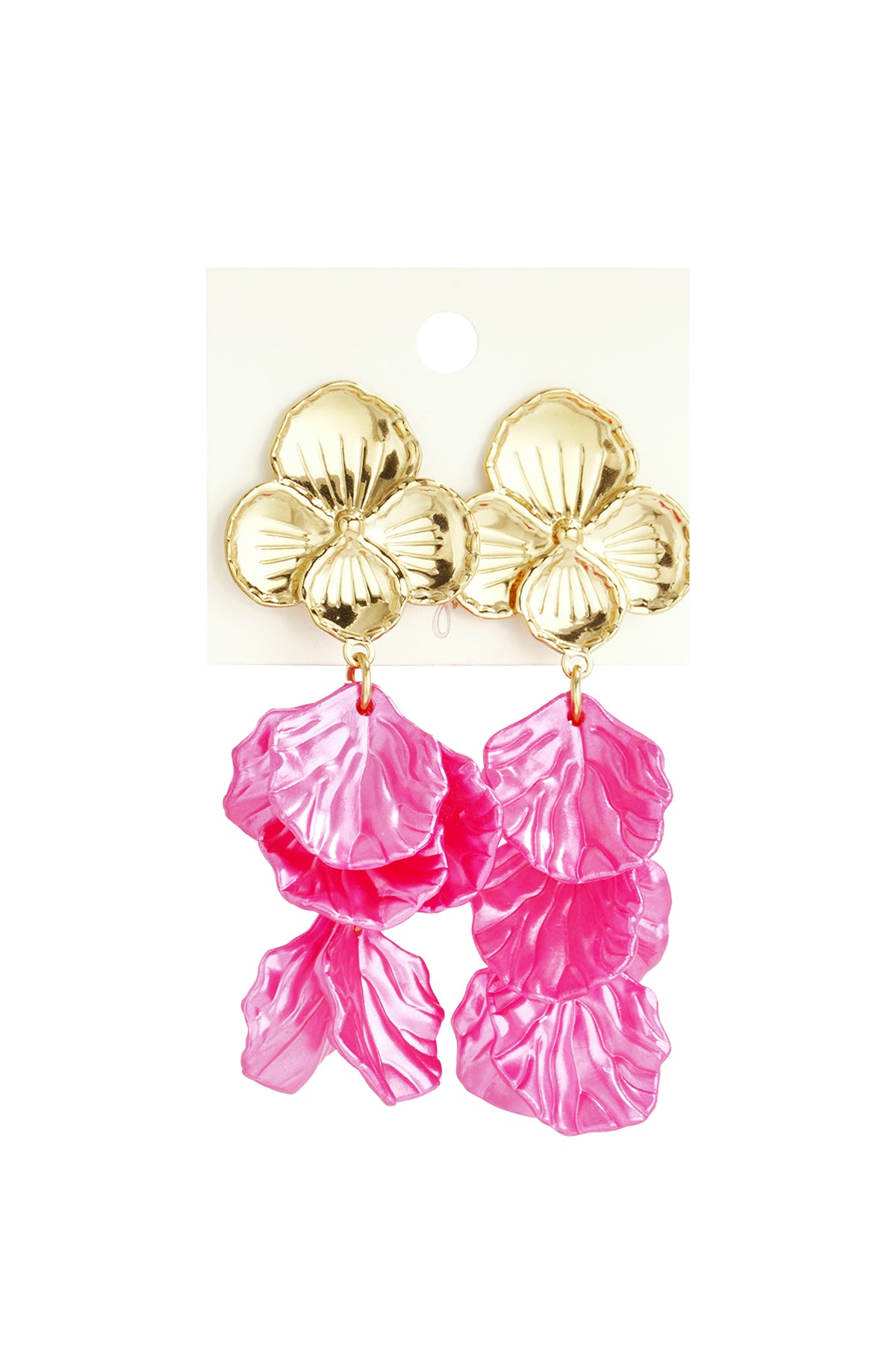 Pair of gold floral drop earrings featuring layered pink petals with a pearlescent finish on white background