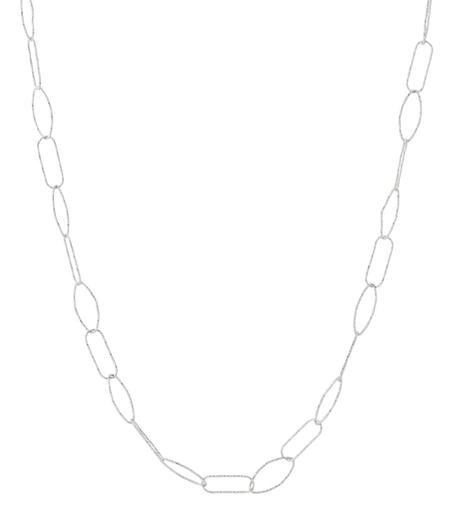 Close-up of silver textured link chain necklace with alternating oval and rectangular links on white background