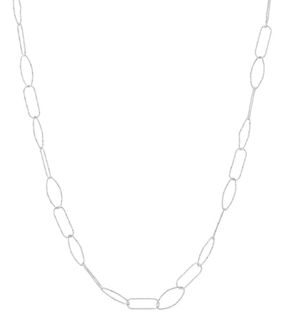 Close-up of silver textured link chain necklace with alternating oval and rectangular links on white background