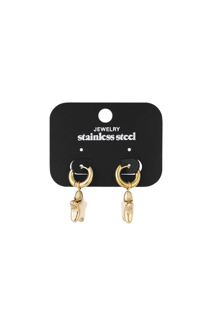 Star Girl Drops: Gold-tone stainless steel hoop earrings with puffed star charms on a black display card.