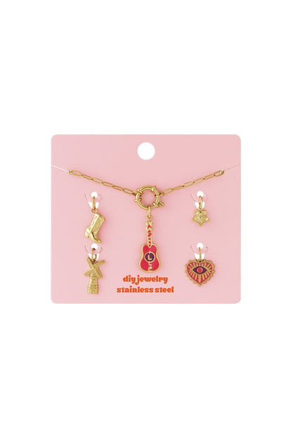 Main Character Hearts: Gold-tone stainless steel chain necklace and charms, including pink guitar and evil eye heart.