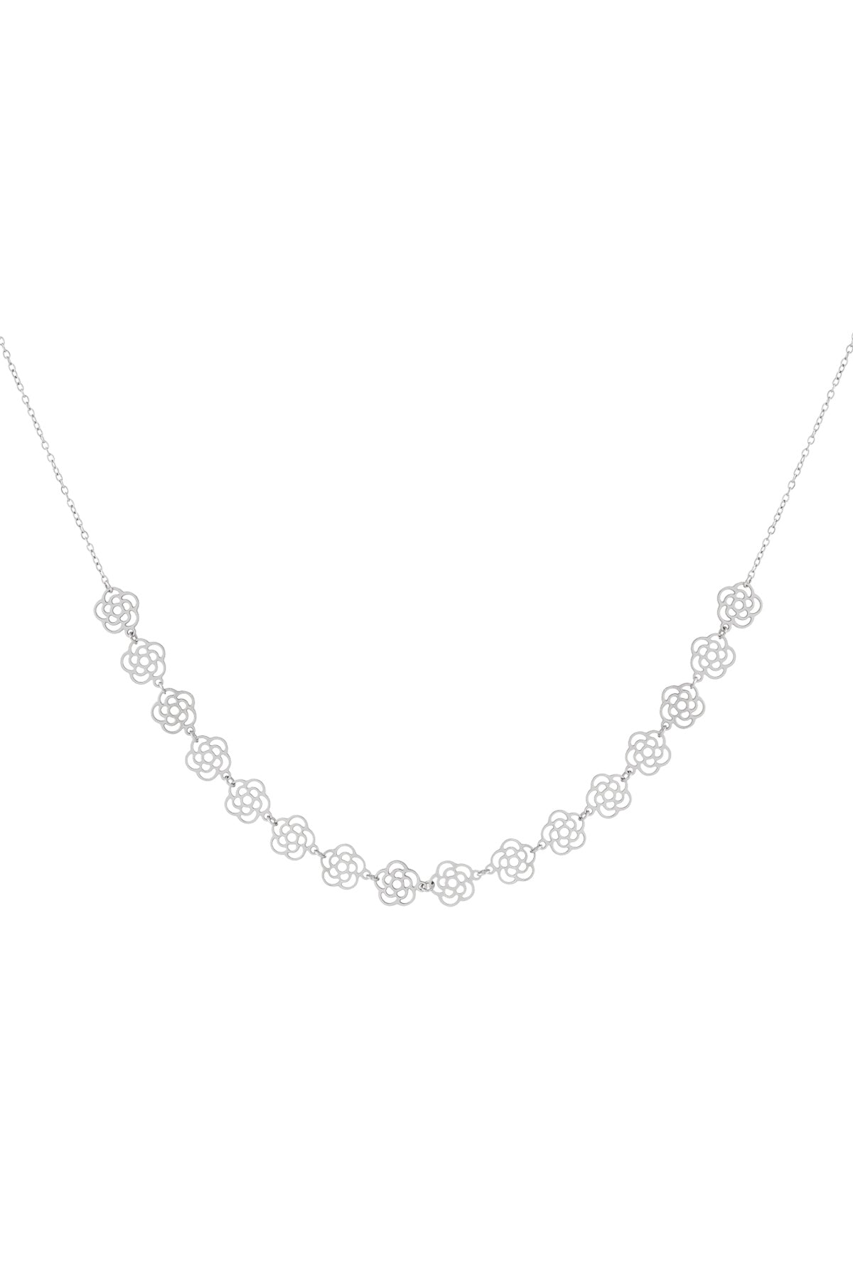 Silver floral chain necklace with small flower cut-out charms laid flat on white background