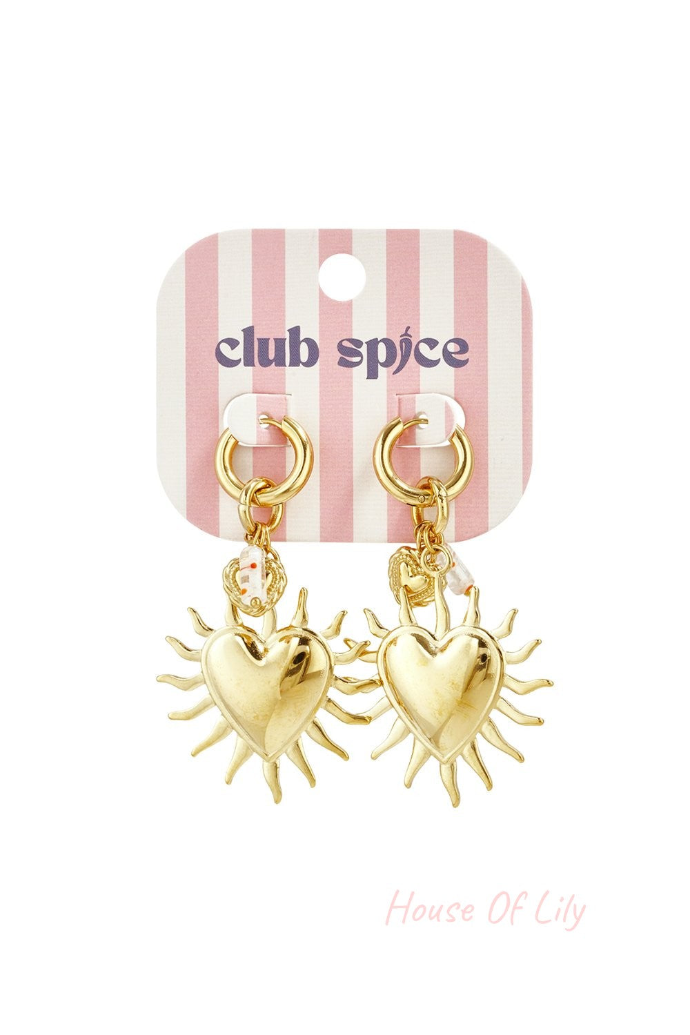Gold-tone dangle earrings featuring a sun-shaped heart charm hanging from a small hoop on a pink striped display card.