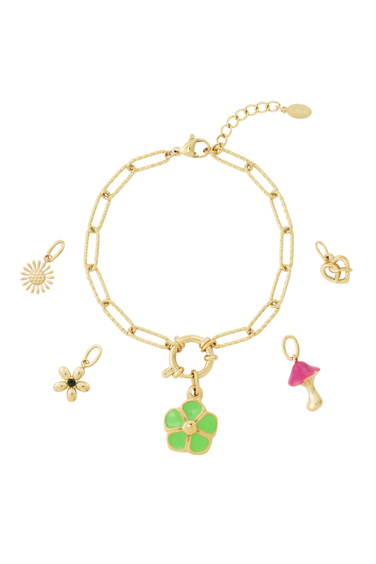 Gold chain bracelet with detachable colorful enamel charms of flowers, hearts, and a mushroom on a white background
