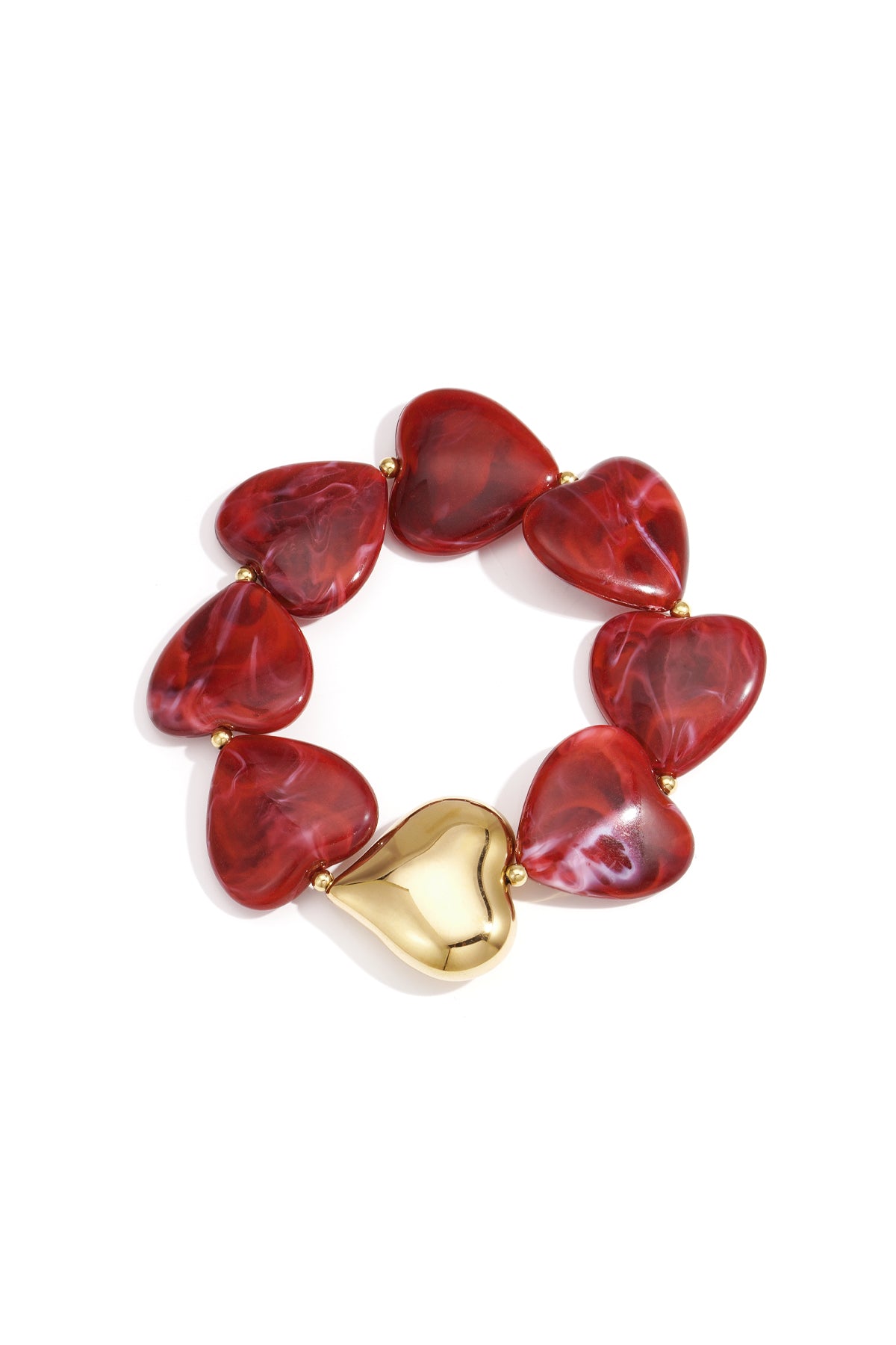Heart-shaped marbled red acrylic bead bracelet with gold-tone heart accent on white background