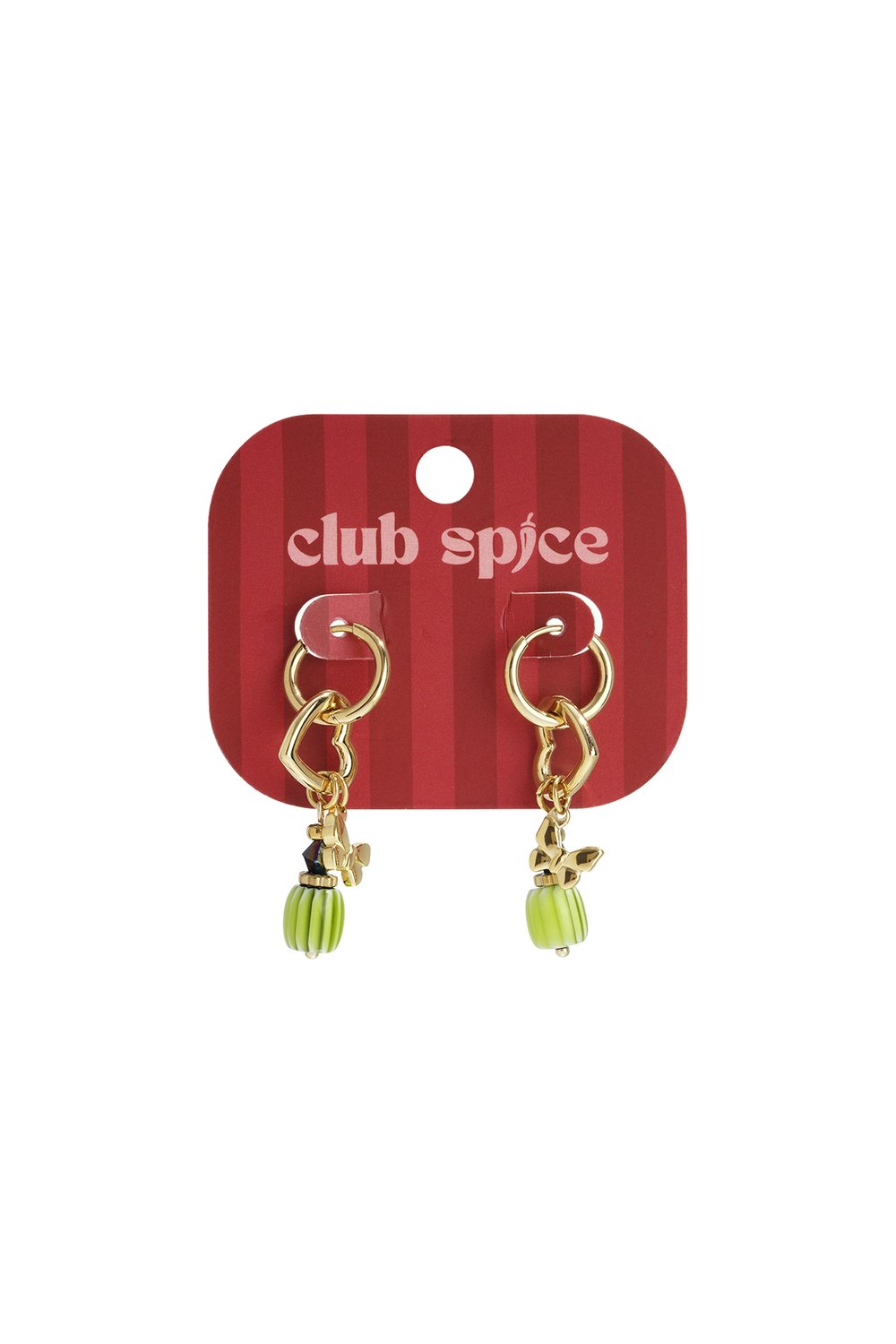 Gold hoop earrings featuring heart charms, small gold butterflies, and striped green barrel beads on a red display card.