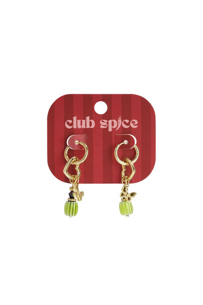 Gold hoop earrings featuring heart charms, small gold butterflies, and striped green barrel beads on a red display card.