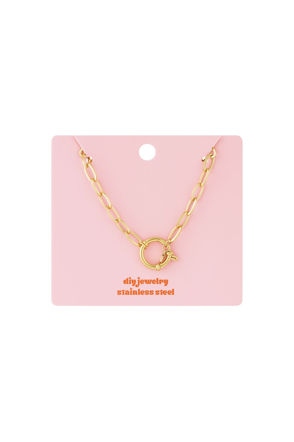Polished Link Era gold stainless steel oval chain necklace with a circular toggle clasp on a pink display card.