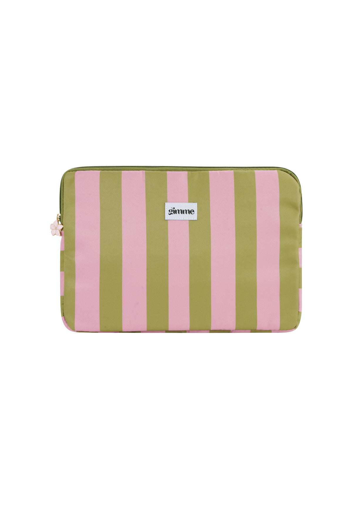 Olive green and pink striped laptop sleeve with 'gimme' label and floral zipper charm