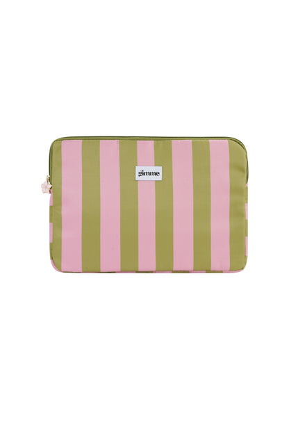 Olive green and pink striped laptop sleeve with 'gimme' label and floral zipper charm