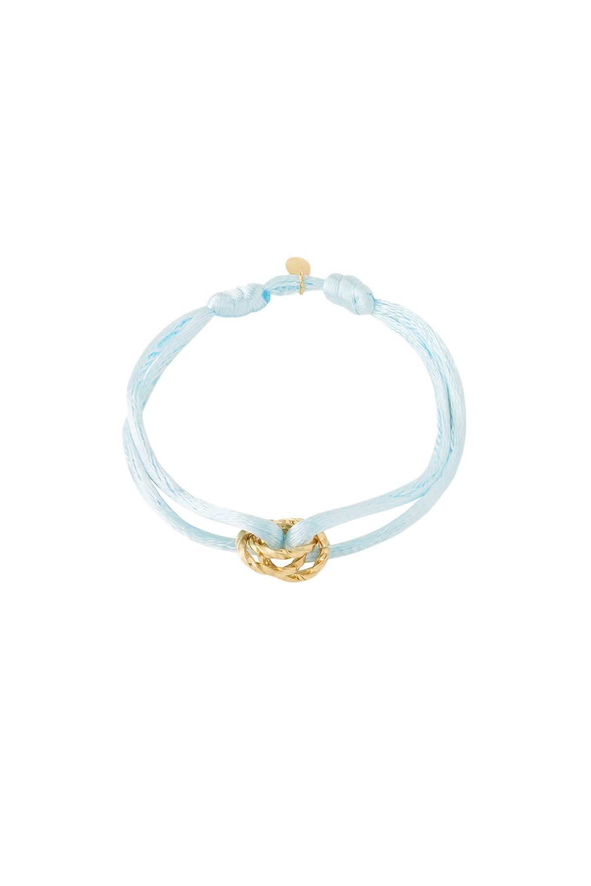 Baby blue knot charm bracelet with gold-plated twisted knot pendant on white background