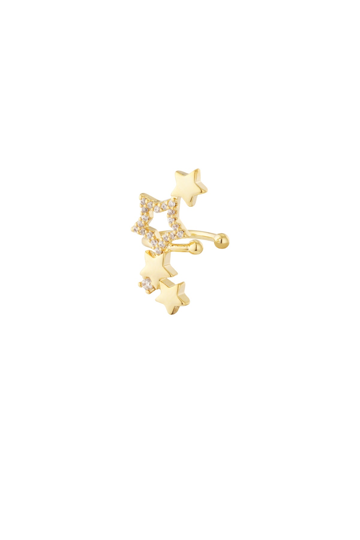 Gold star-shaped ear cuff with zircon crystals on white background