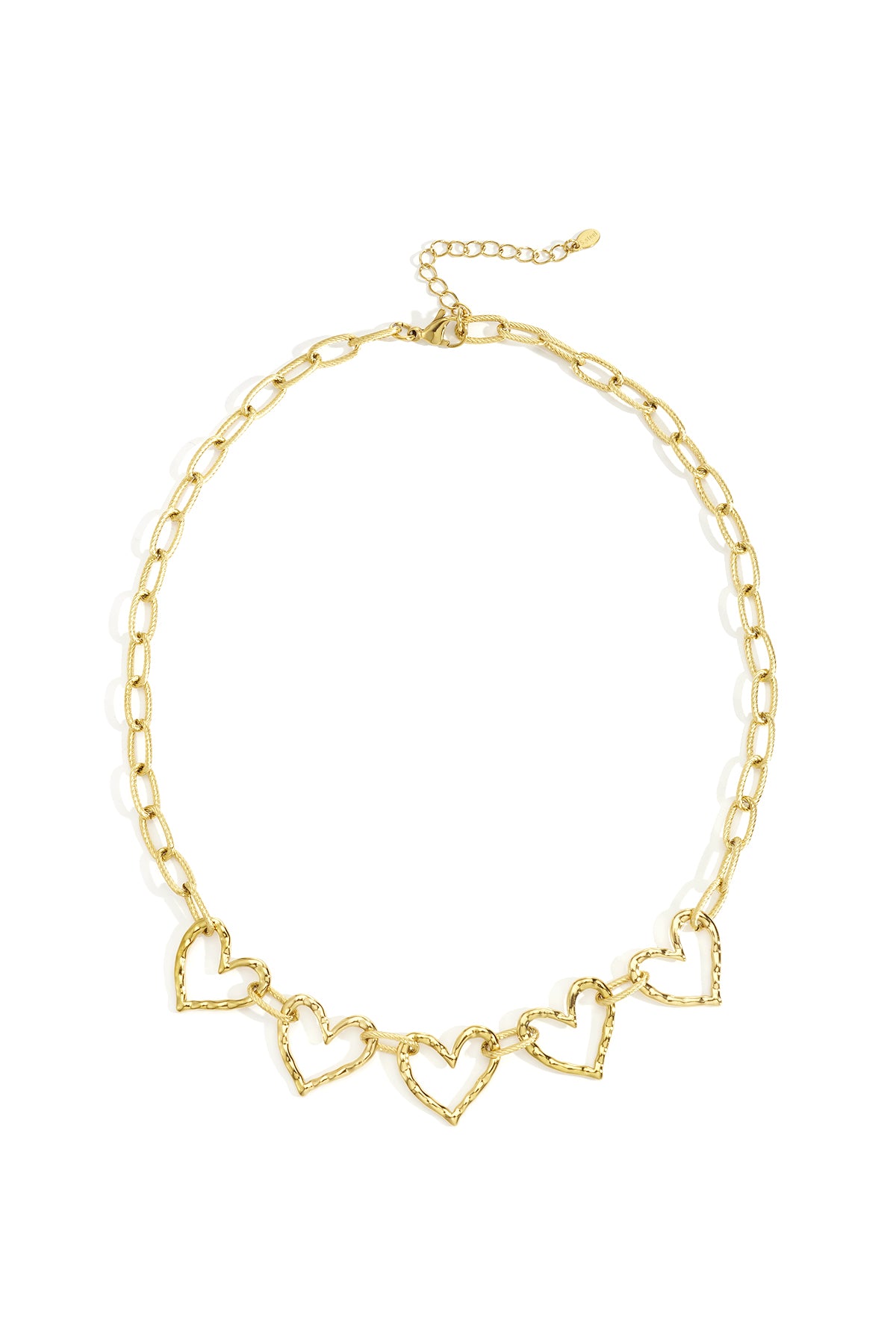 Gold-tone heart link necklace with five hammered heart charms on delicate chain laid flat on white background
