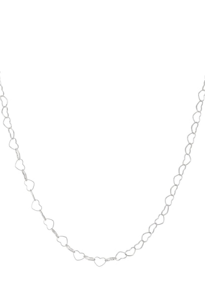 Silver plated heart link chain necklace with open heart-shaped links displayed on white background