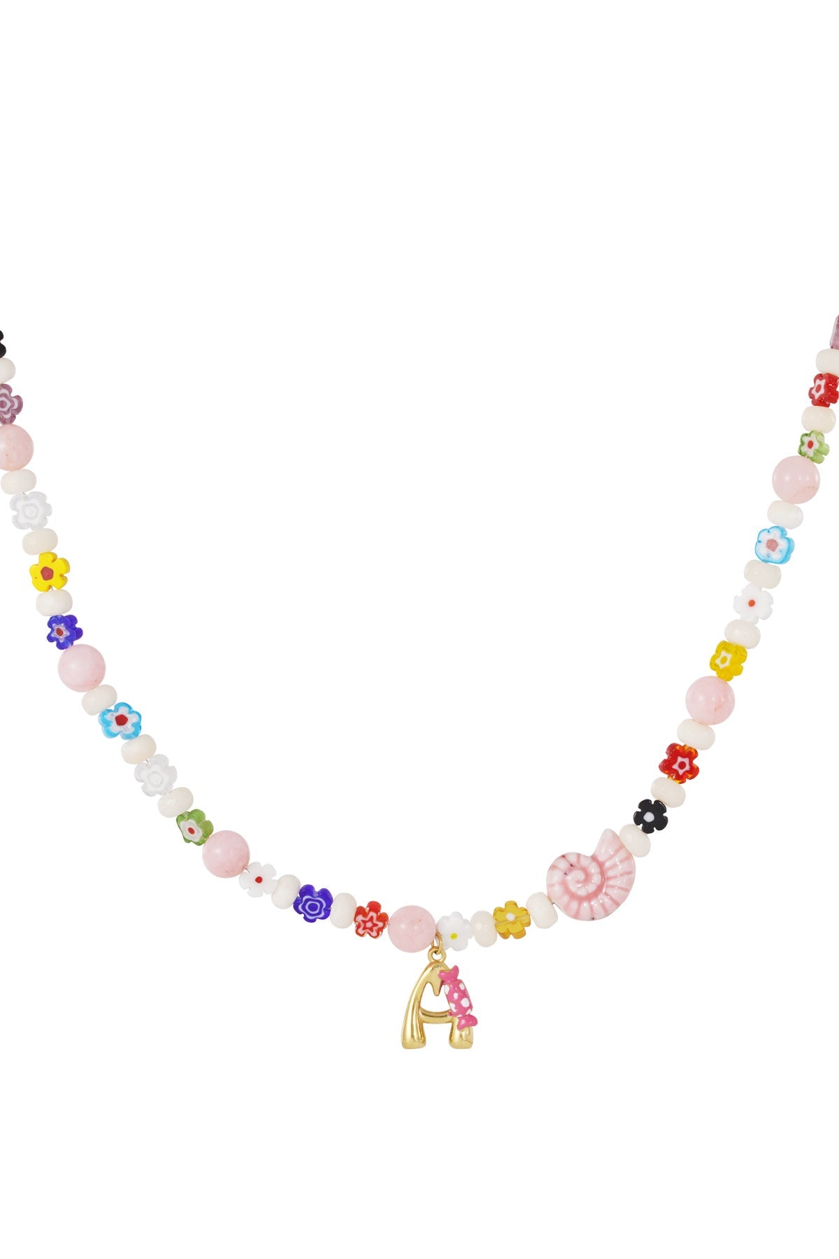 Colorful beaded necklace with flower beads and a pink shell charm alongside a gold letter A pendant with a pink bow