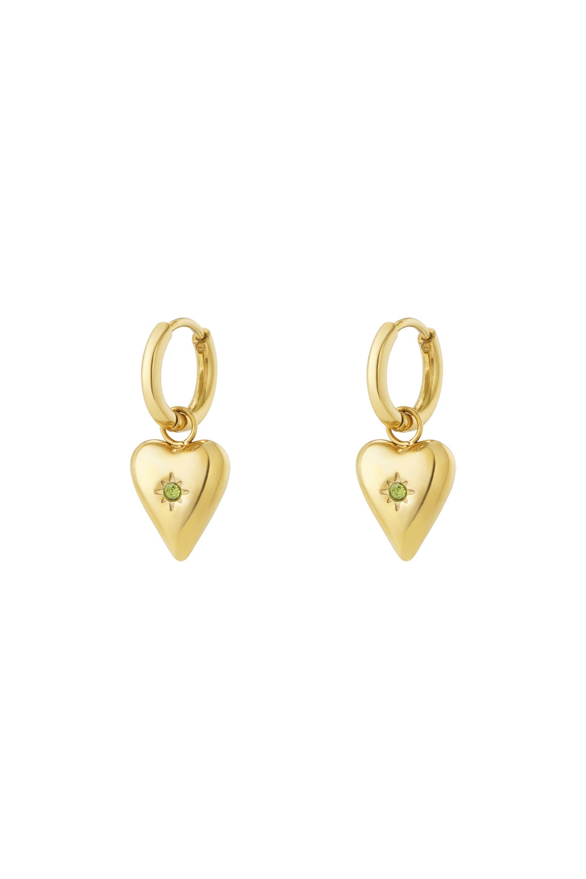 Gold-plated heart charm earrings with peridot green birthstone centre on hoop backings