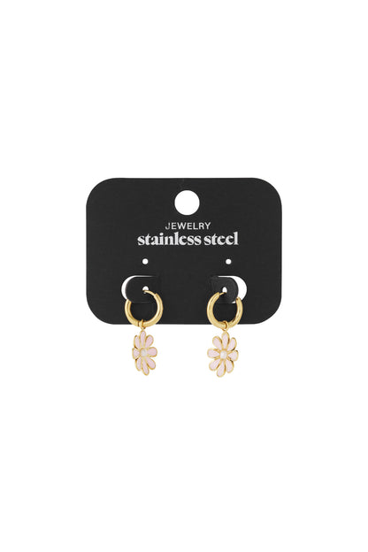 Golden Bloom Hoops: Gold-tone stainless steel huggie hoops with dangling pale pink daisy flower charms on a display card.