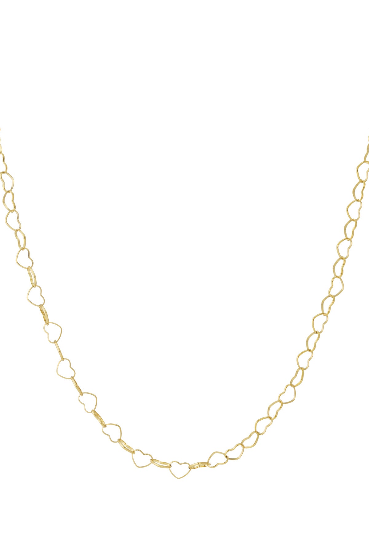 Gold plated heart link chain necklace with open heart-shaped links photographed on white background