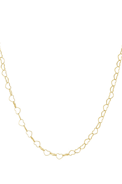 Gold plated heart link chain necklace with open heart-shaped links photographed on white background
