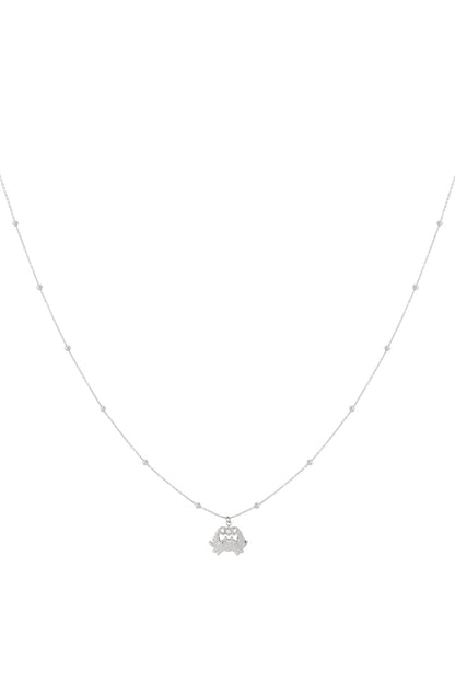 Silver crab charm necklace with fine beaded chain on white background