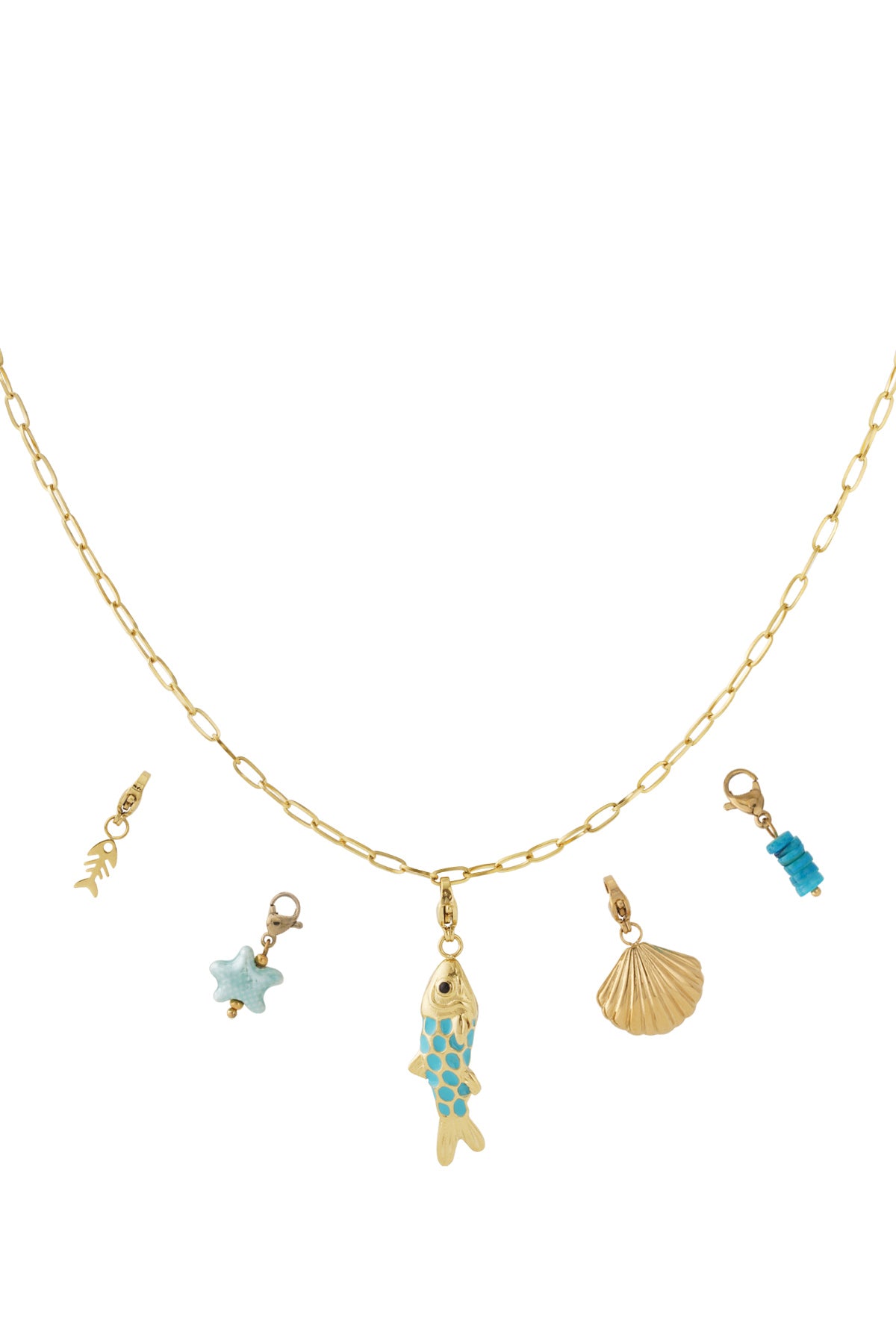 Gold-plated chain necklace with five detachable sea-themed charms: a turquoise fish, gold shell, light blue starfish, blue beads, and gold fishbone on white background