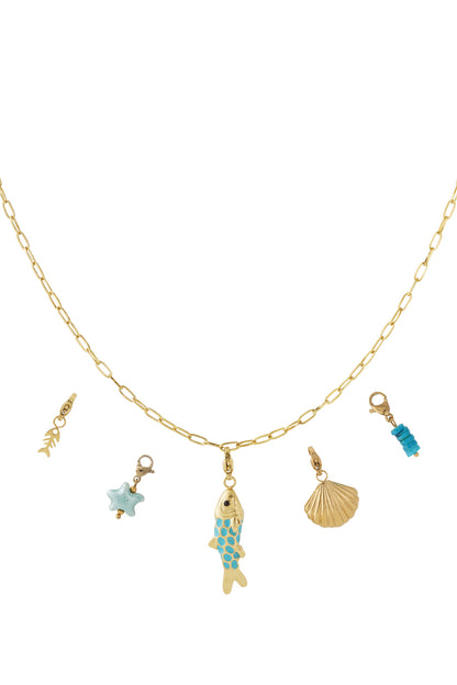 Gold-plated chain necklace with five detachable sea-themed charms: a turquoise fish, gold shell, light blue starfish, blue beads, and gold fishbone on white background