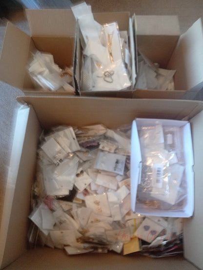 Open cardboard boxes filled with numerous individually packaged jewelry items in small plastic bags.