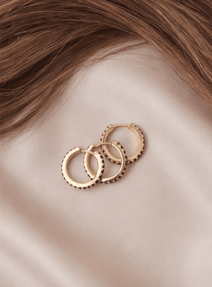 Crystal Sparkle gold-tone hoop earrings with black gemstone accents, arranged on a silky fabric background.