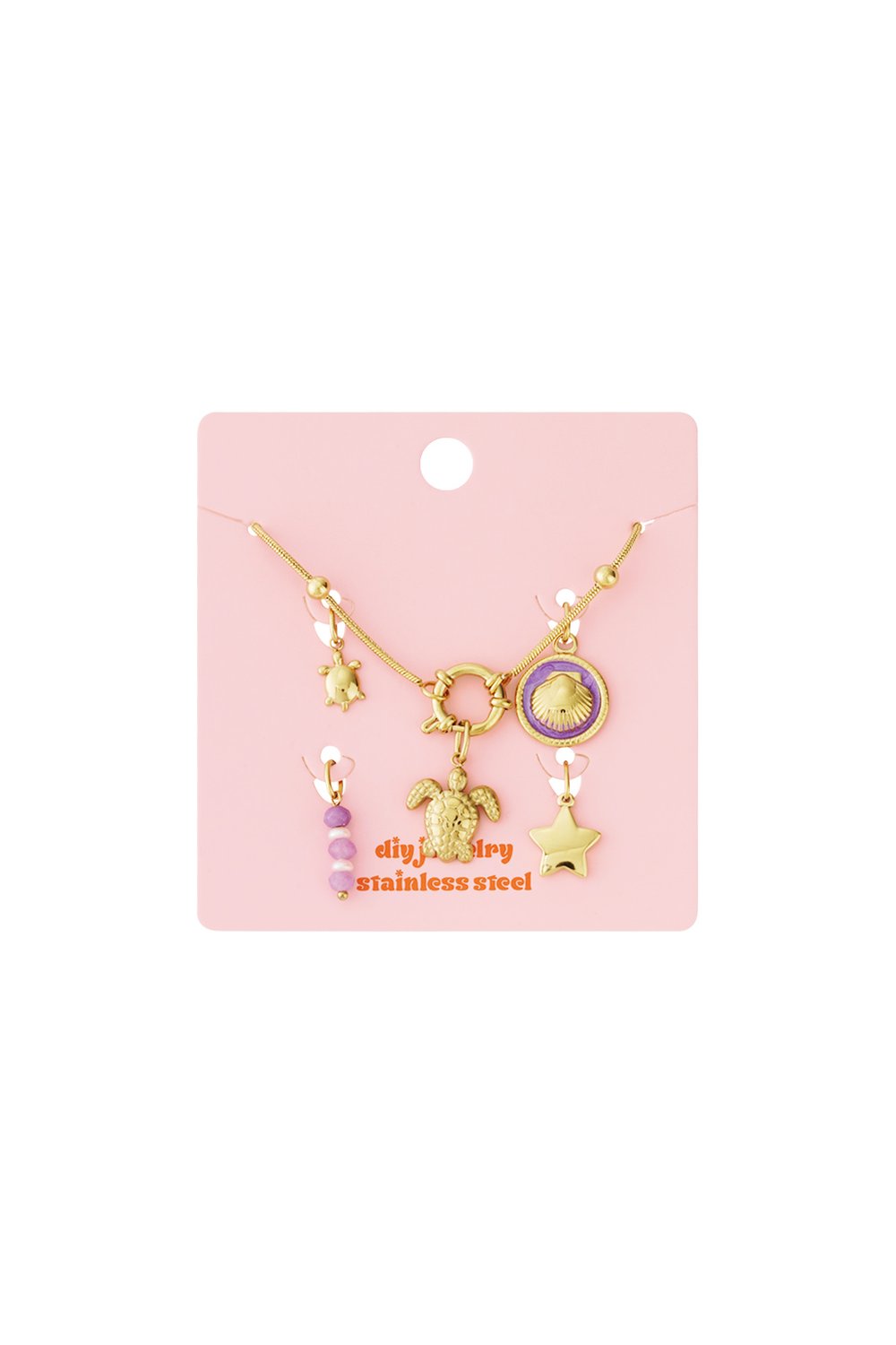 Gold stainless steel charm set on pink card, featuring turtle, seashell, star charms, and purple beaded accents.