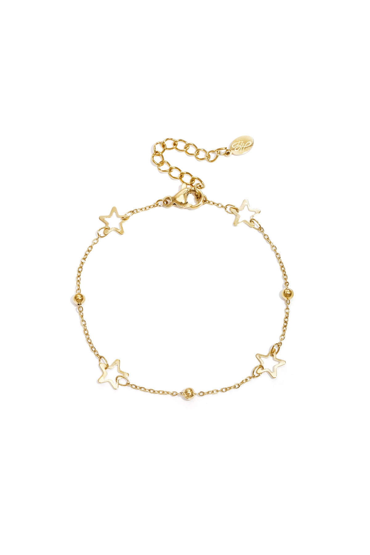 Gold star chain bracelet with hollow star charms and polished beads on white background