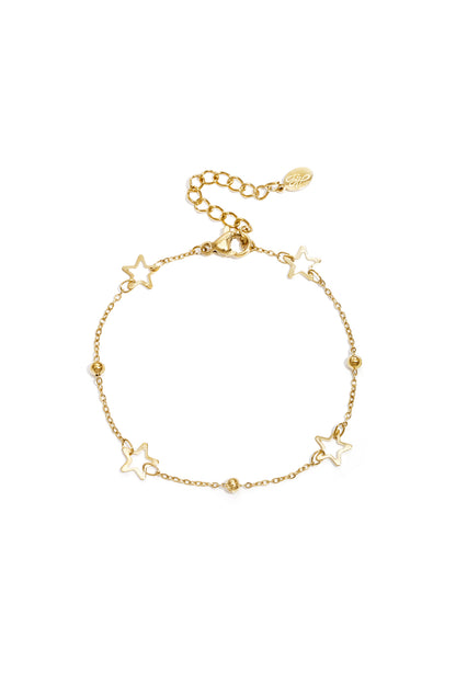 Gold star chain bracelet with hollow star charms and polished beads on white background