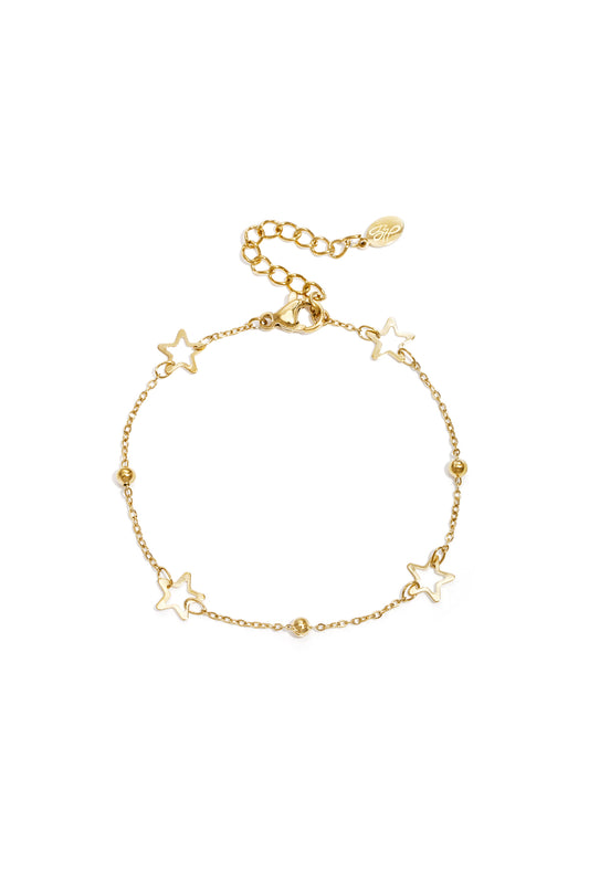 Gold star chain bracelet with hollow star charms and polished beads on white background
