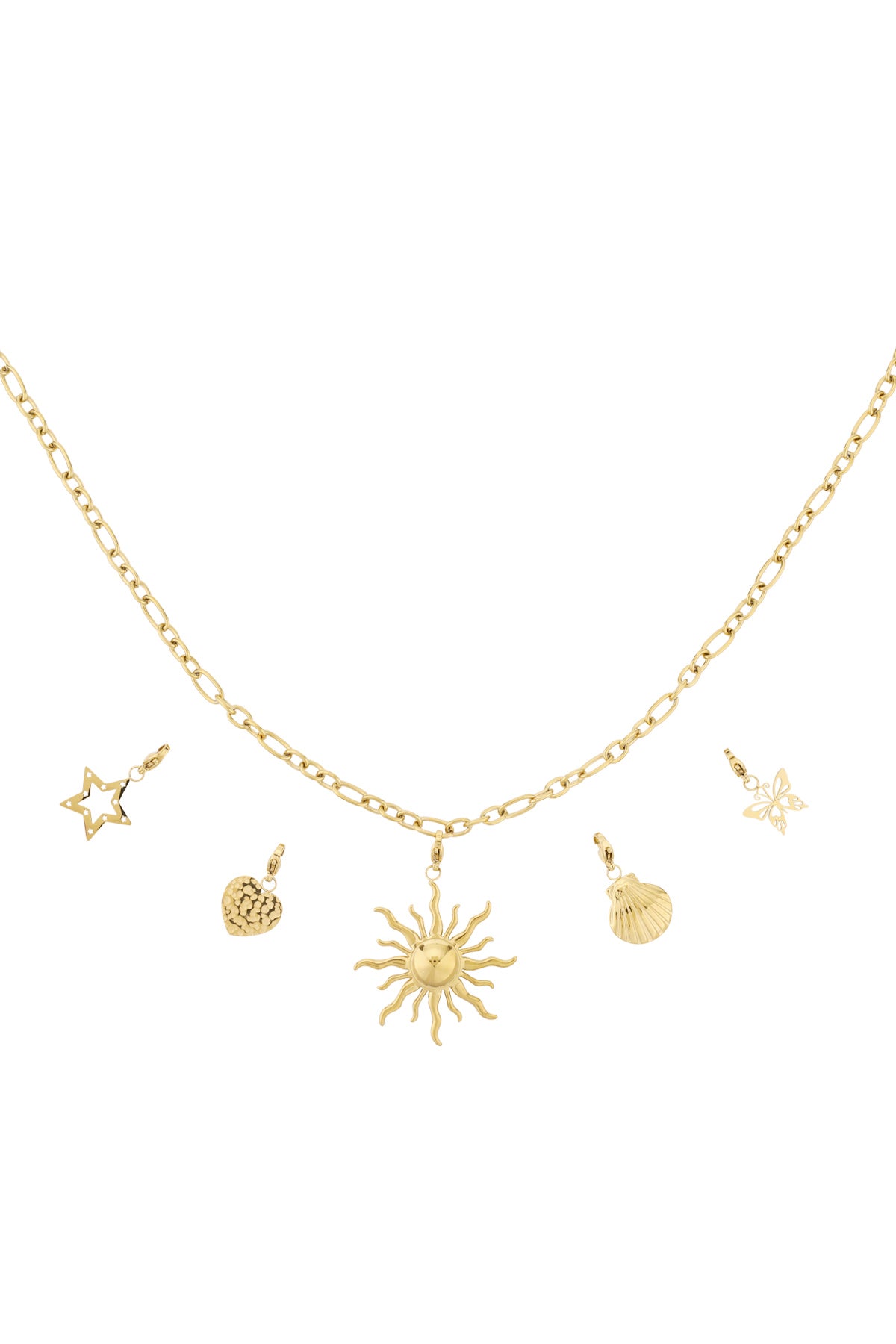 Gold chain necklace with five distinct charms including a sun, star, heart, butterfly, and seashell pendants laid out on white background