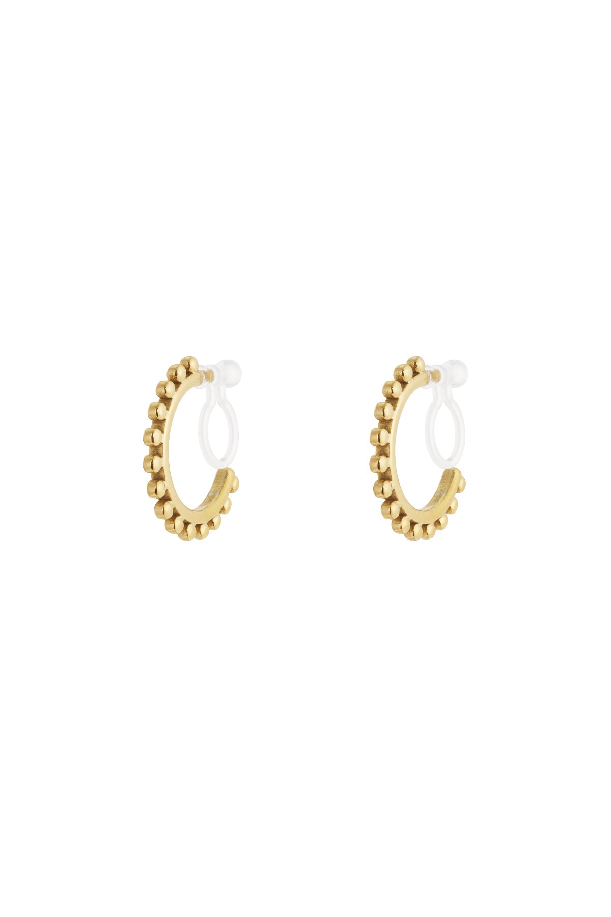 Pair of gold-tone beaded hoop clip-on earrings with clear silicone backings isolated on white background