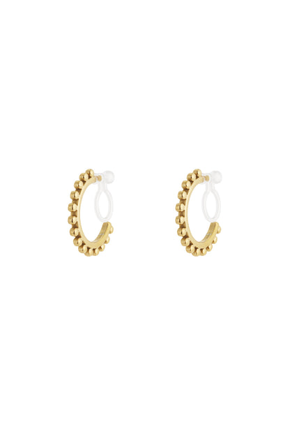 Pair of gold-tone beaded hoop clip-on earrings with clear silicone backings isolated on white background