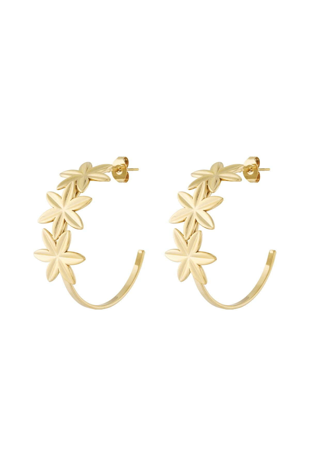 Pair of gold floral hoop earrings with three flowers on each hoop