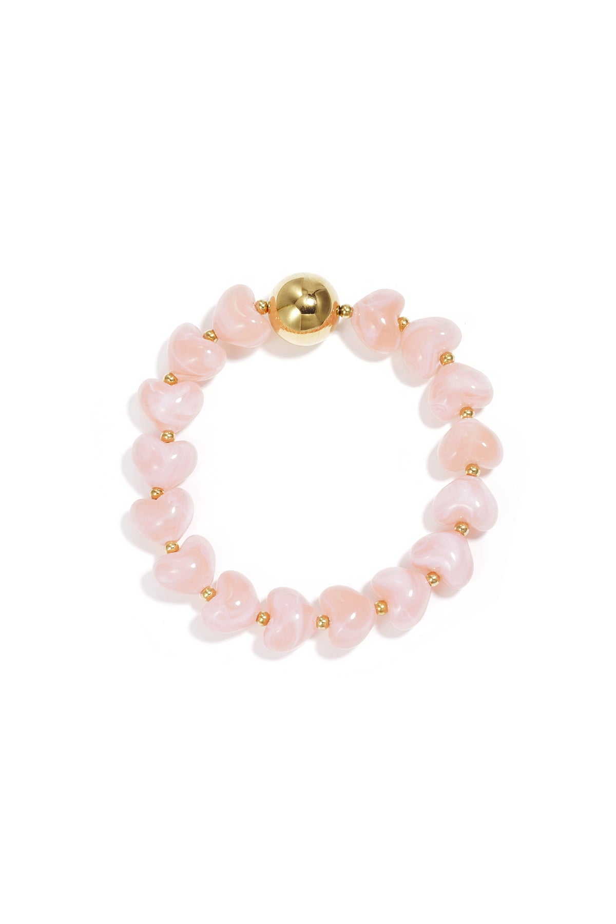 Peach heart-shaped acrylic beaded bracelet with gold bead accent on white background
