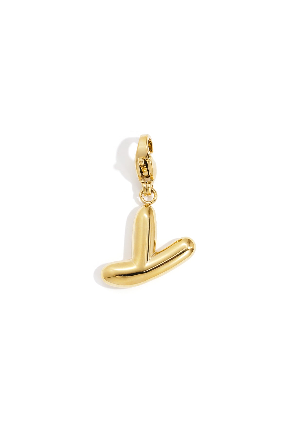 Polished gold-tone letter 'Y' pendant charm with a rounded, puffy aesthetic and a lobster clasp attachment.
