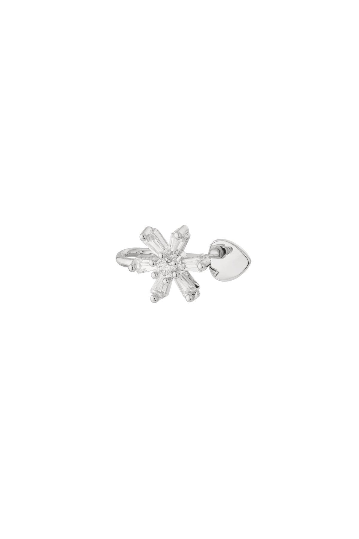 Silver floral sparkle ear cuff with baguette and round crystals and small heart accent on white background