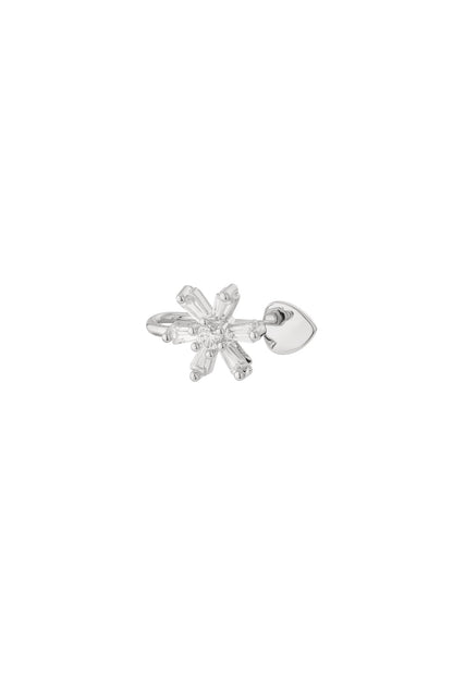 Silver floral sparkle ear cuff with baguette and round crystals and small heart accent on white background