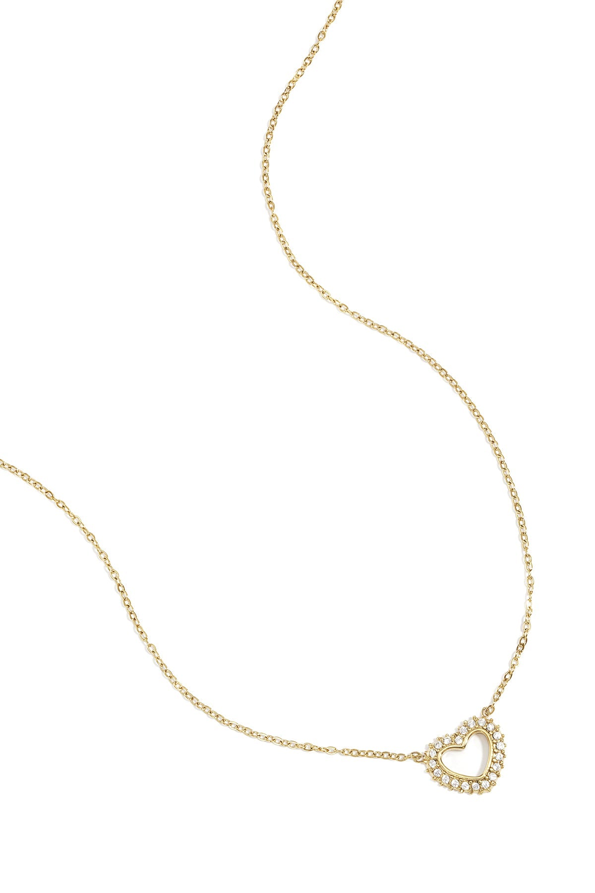 Gold heart-shaped pendant necklace with rhinestones on a fine delicate chain displayed on white background