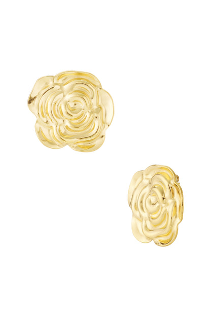 Pair of shiny gold flower-shaped stud earrings with detailed rose petal design on a white background