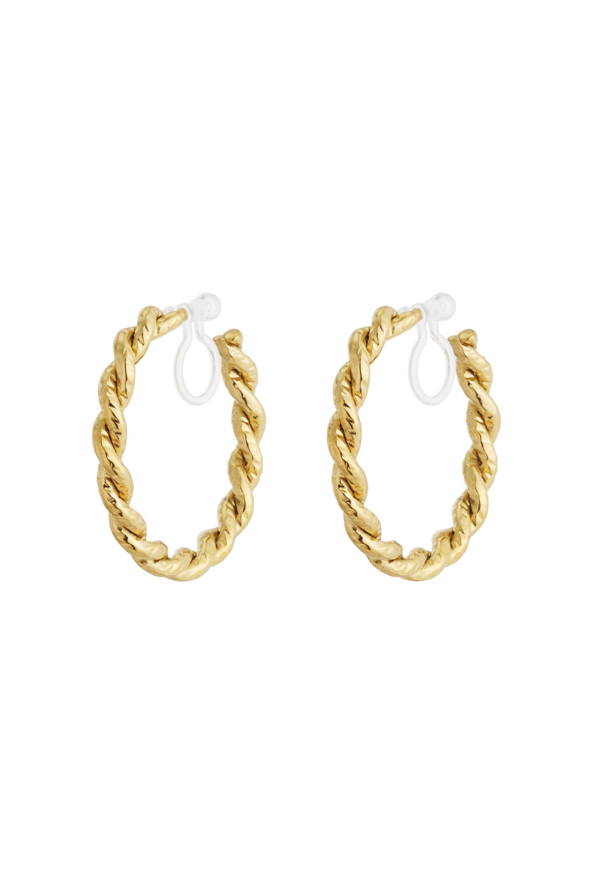 Gold-toned clip-on hoop earrings with twisted texture on white background