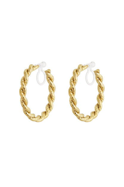 Gold-toned clip-on hoop earrings with twisted texture on white background