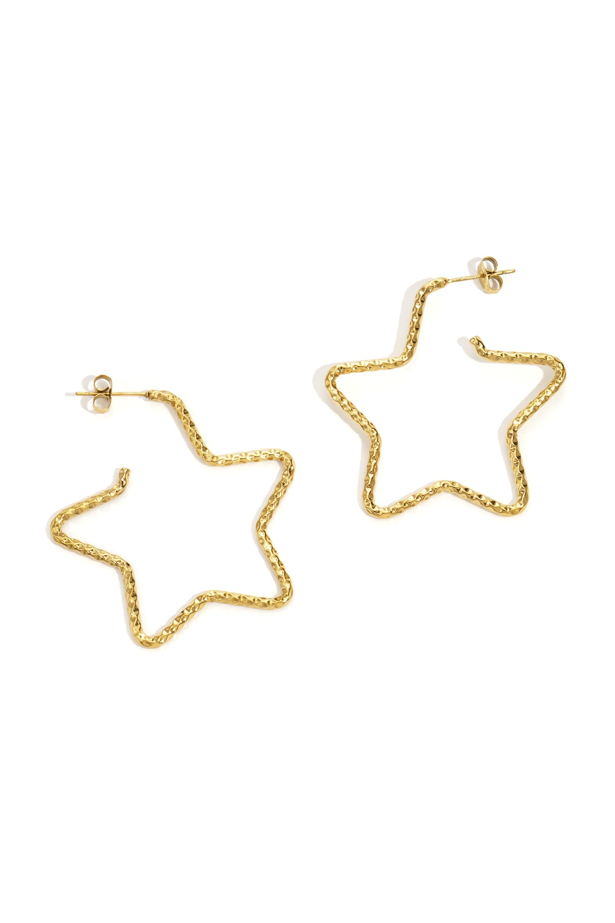 Gold star-shaped textured hoop earrings displayed on white background