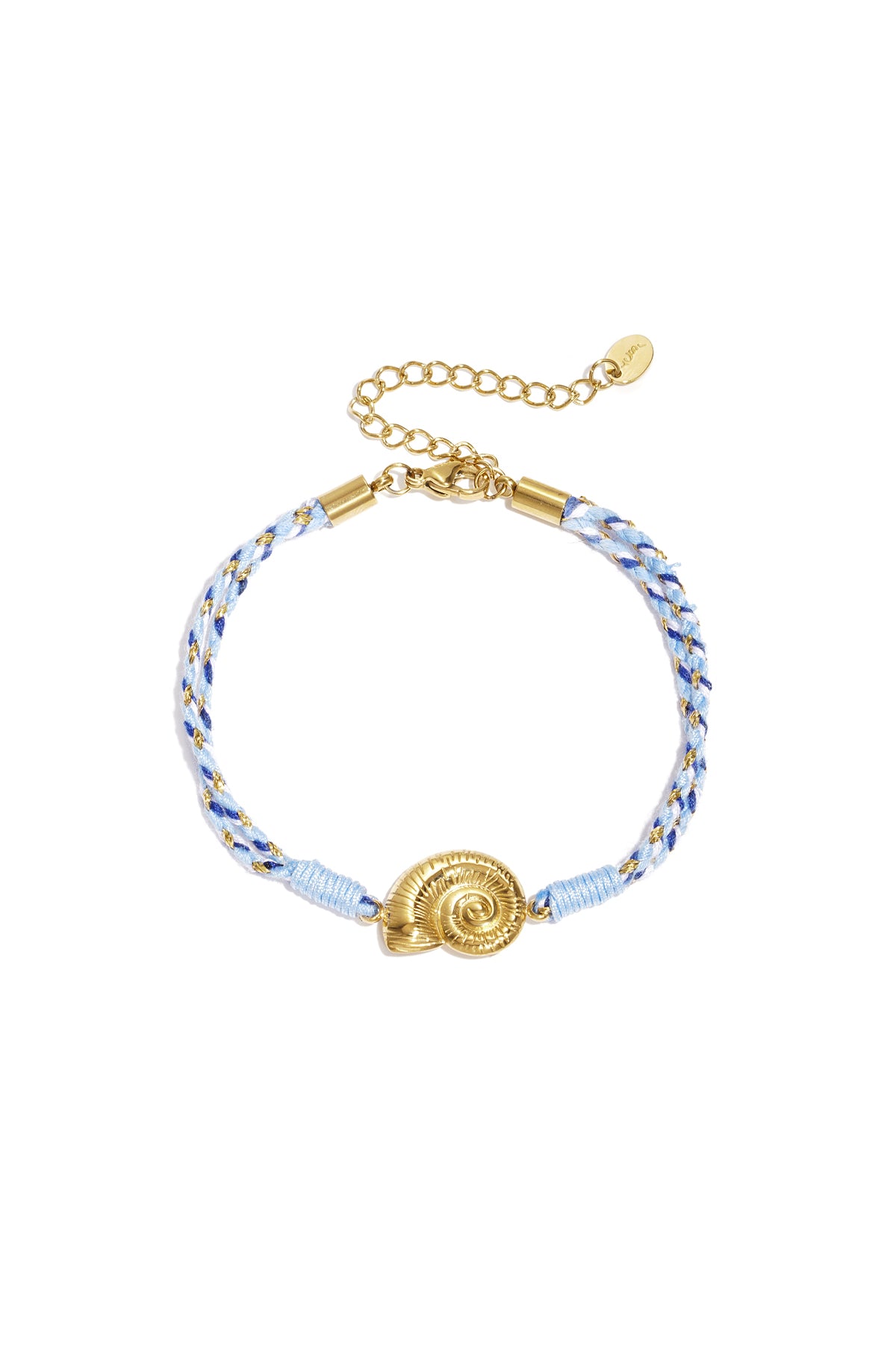 Close-up of light blue braided rope bracelet with gold conch shell charm on white background