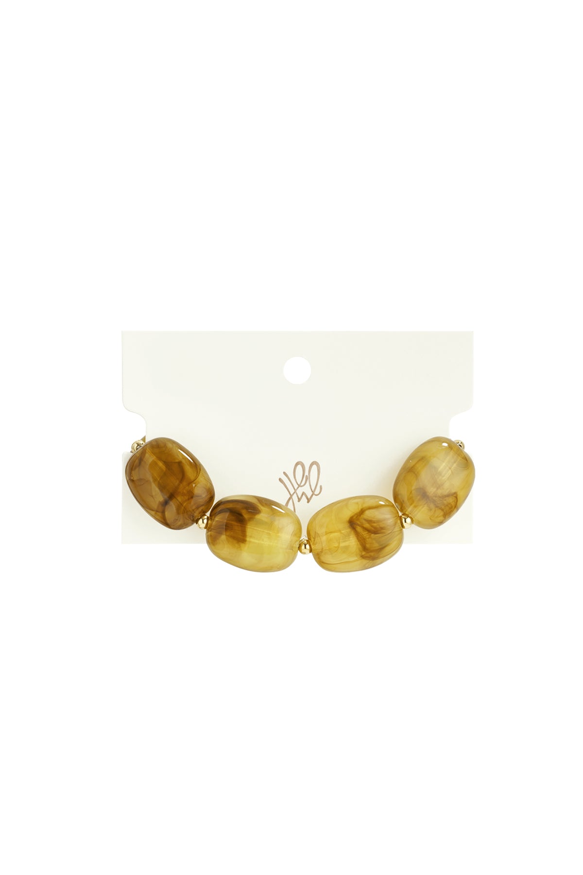 Swirled caramel brown acrylic beaded stretch bracelet on branded white card packaging