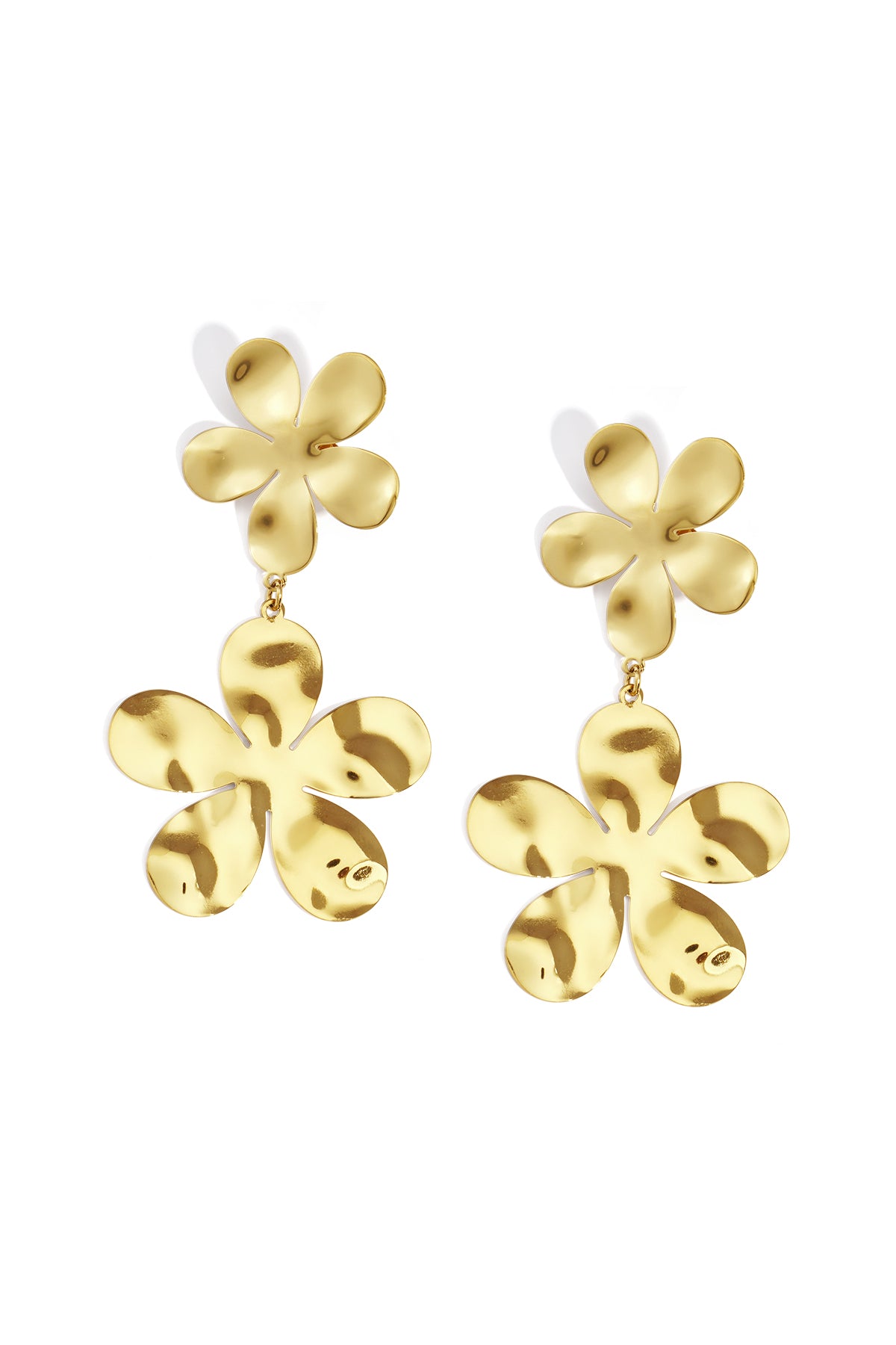 Pair of gold floral drop earrings with two linked flowers, each having five rounded petals and polished finish